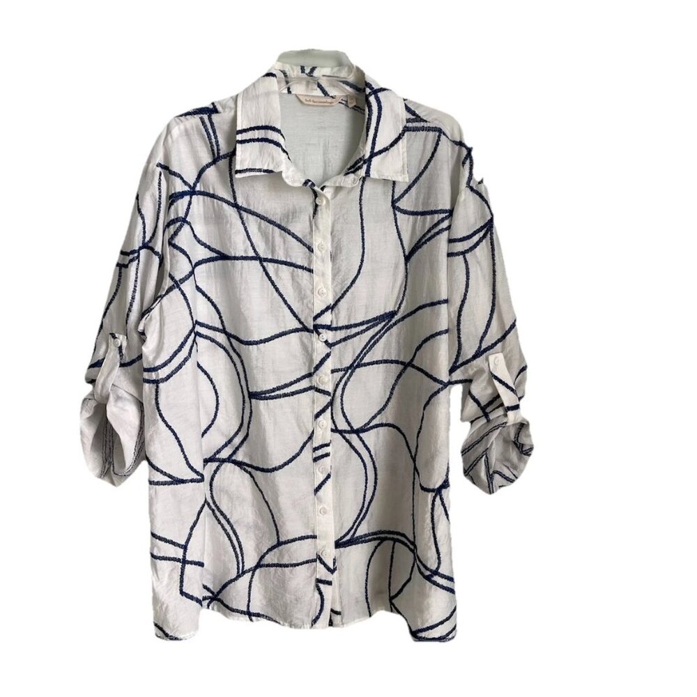 Soft Surroundings White Blue Embroidered Roll Tab Sleeve Tunic Lagenlook